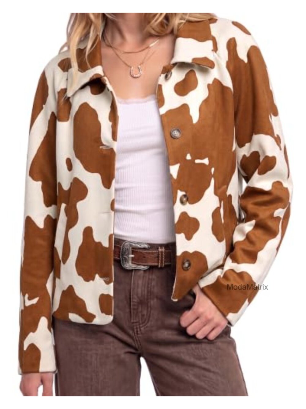 Faux Suede Cow Print Cropped Button Down Jacket Shacket Oversized